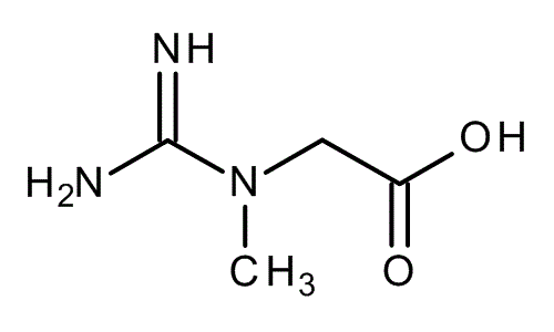 Estrutura química da creatina monoidratada, mostrando os grupos amino, metila e carboxila.