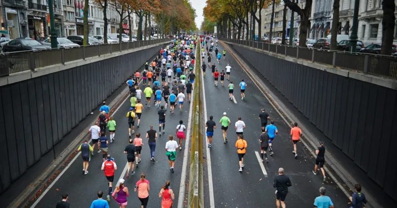 Corredores numa prova de rua numa avenida arborizada, vistos de cima e de trás